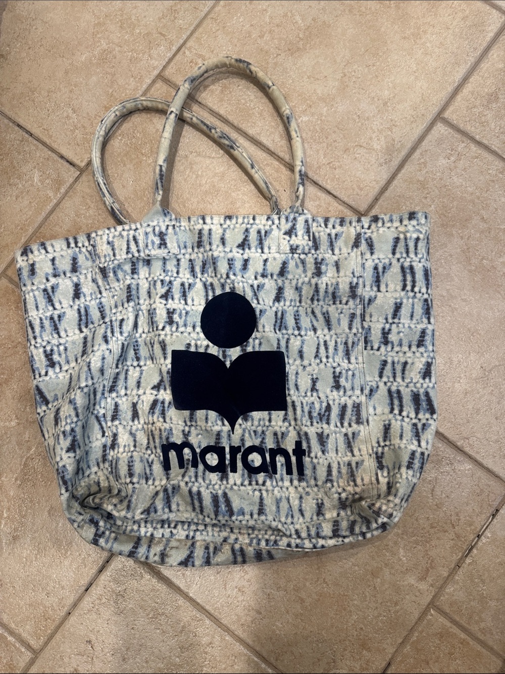 Isabel Marant Blue and Cream Patterned Canvas Tote with Logo